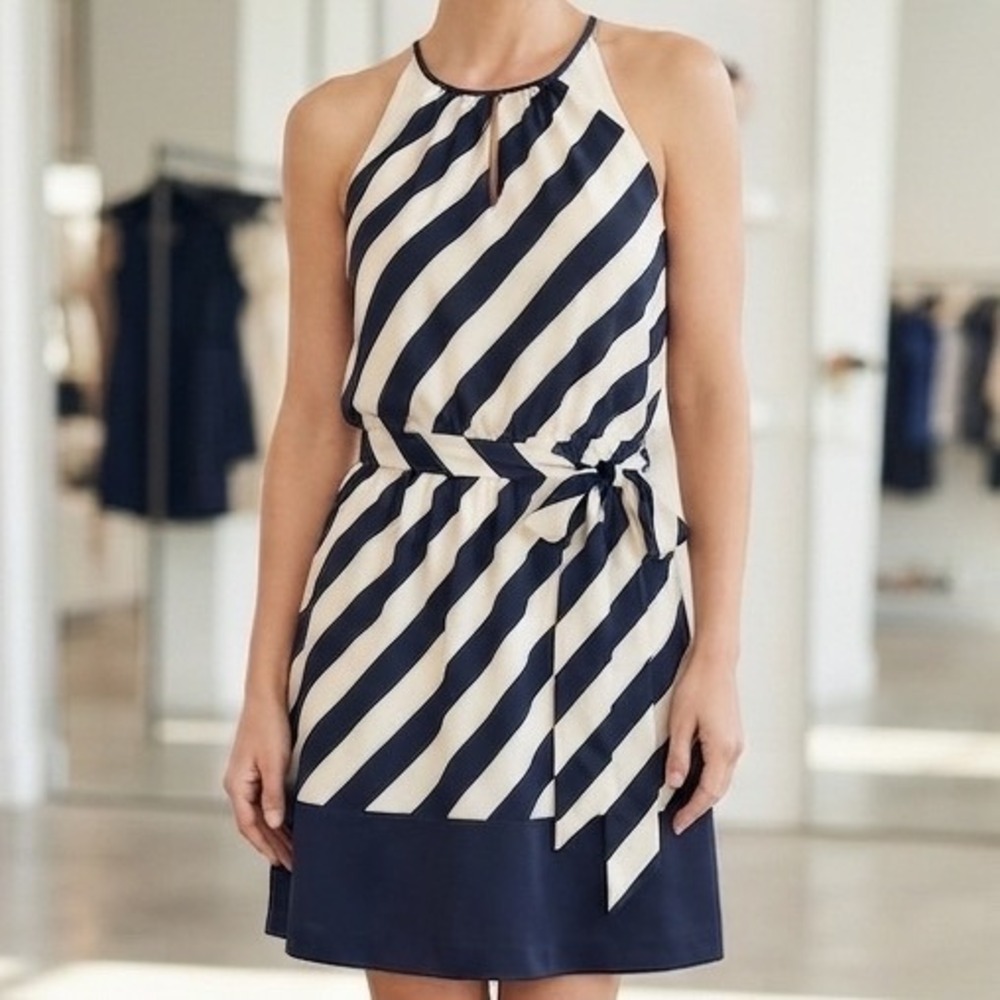 Express Navy Blue White Striped Sleeveless Belted Mini Dress Medium Nautical - Picture 1 of 7